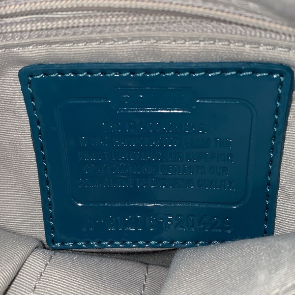 Pre loved Coach signature stripe, 3 teal metallic tote shoulder bag. - Picture 9 of 9